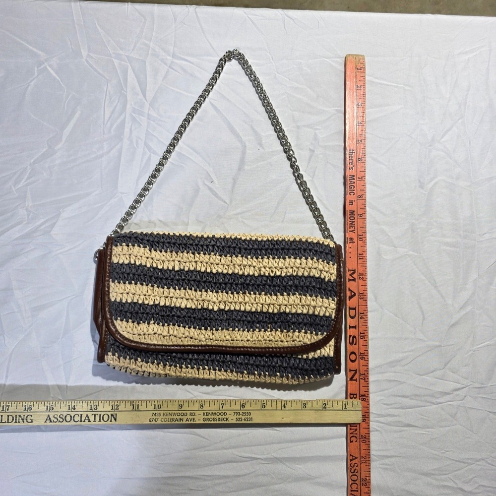 Straw Studios Woven Striped Chain Shoulder Bag Navy Cream Nautical Clutch - Picture 4 of 4
